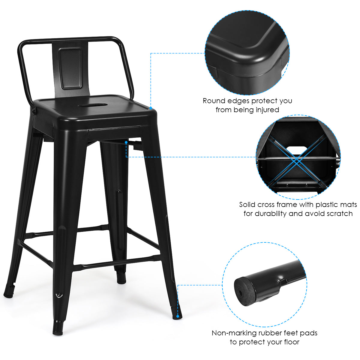 LIVSK Barkrukken Set van 4 - Stalen Constructie - Ergonomisch Design - Antislip Poten - Zithoogte 62 cm - Zwart