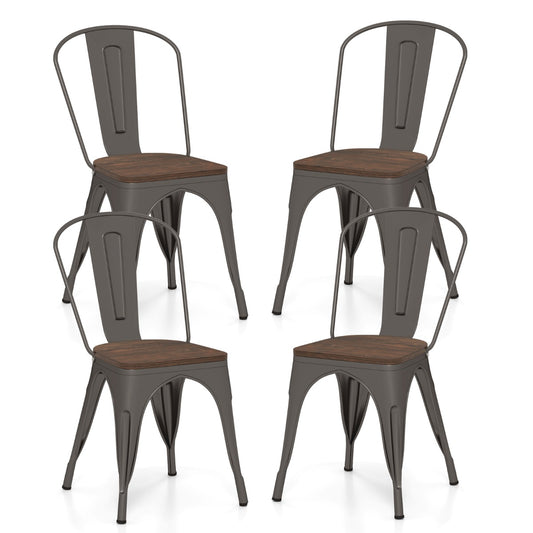 LIVSK Stapelbare Eetkamerstoelen - Metaal met Iepenhouten Zitting - Ergonomische Rugleuning - Tot 150 kg - Bruin