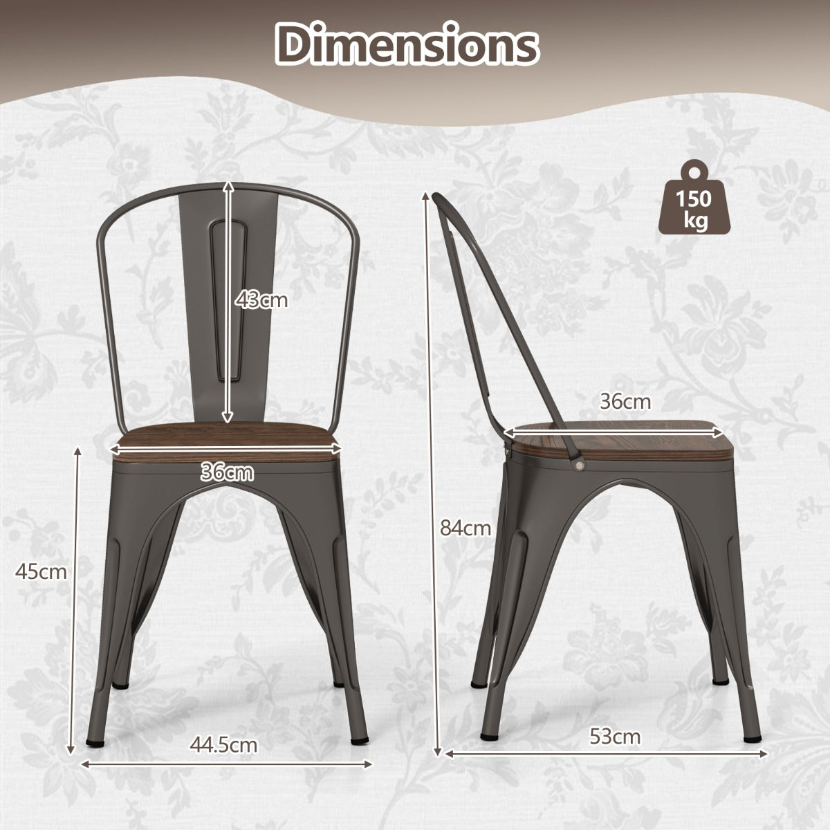 LIVSK Stapelbare Eetkamerstoelen - Metaal met Iepenhouten Zitting - Ergonomische Rugleuning - Tot 150 kg - Bruin