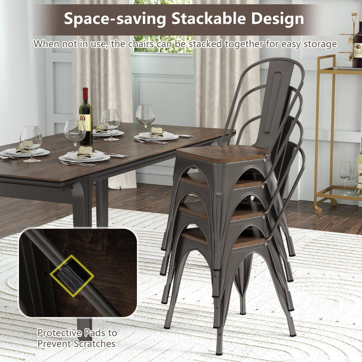 LIVSK Stapelbare Eetkamerstoelen - Metaal met Iepenhouten Zitting - Ergonomische Rugleuning - Tot 150 kg - Bruin