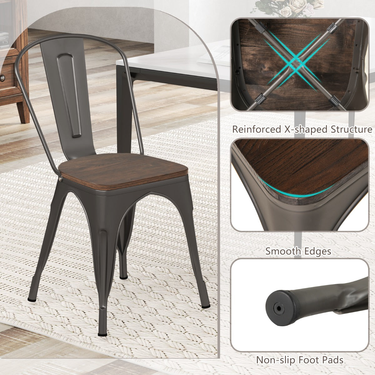 LIVSK Stapelbare Eetkamerstoelen - Metaal met Iepenhouten Zitting - Ergonomische Rugleuning - Tot 150 kg - Bruin