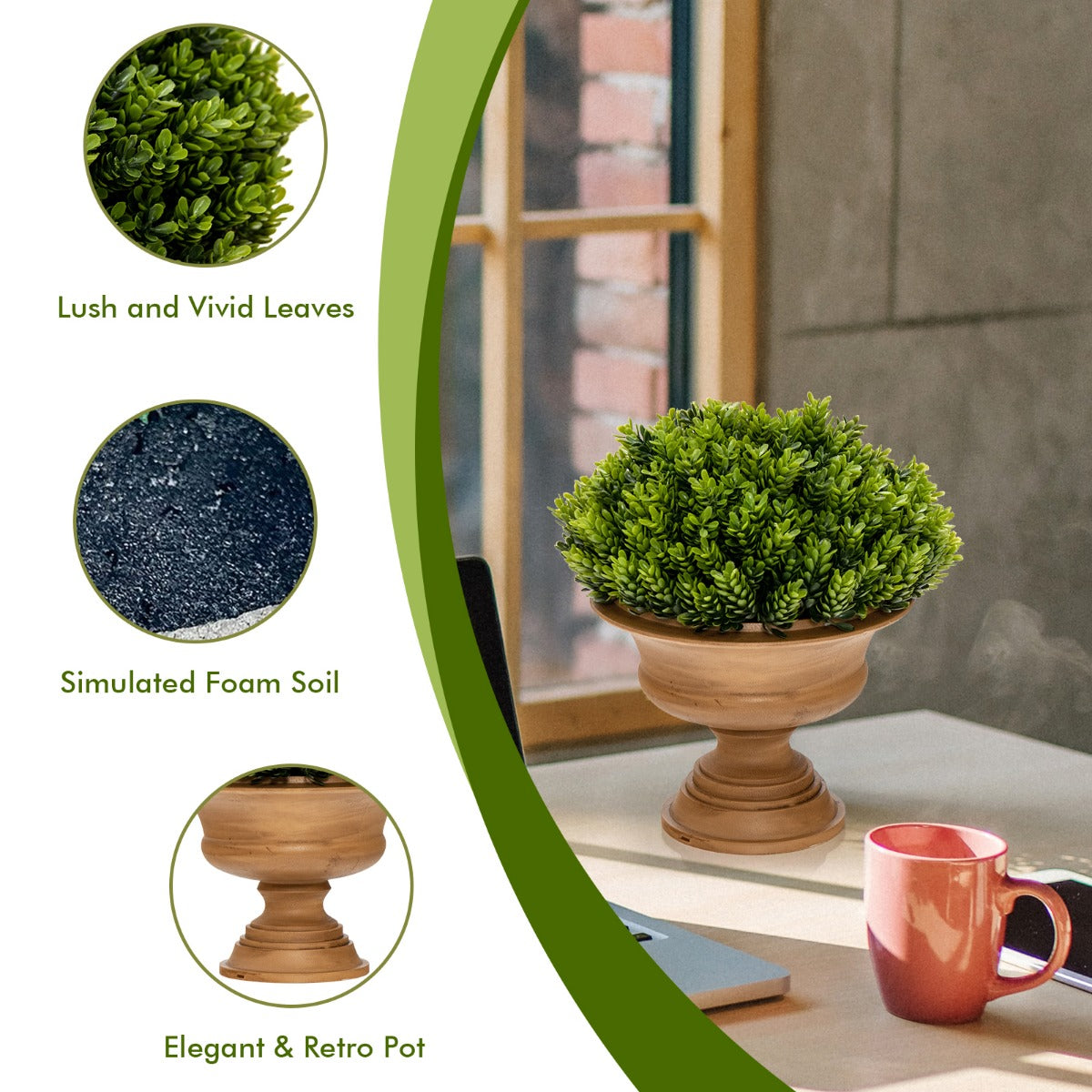 LIVSK Set van 4 Kunstplanten - Dichte Naalden en Vintage Potten - Onderhoudsvrij en Duurzaam - Voor Elke Ruimte - Groen + Bruin