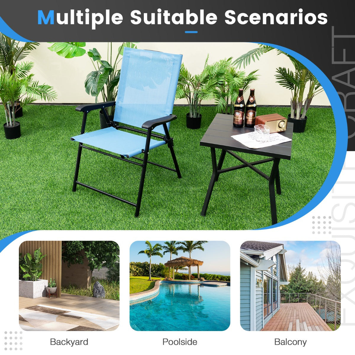 LIVSK Opvouwbare Terrasstoelen - Draagbaar & Stevig Metaal - Ademend & Ergonomisch - Set van 4 - Tot 150 kg - Blauw