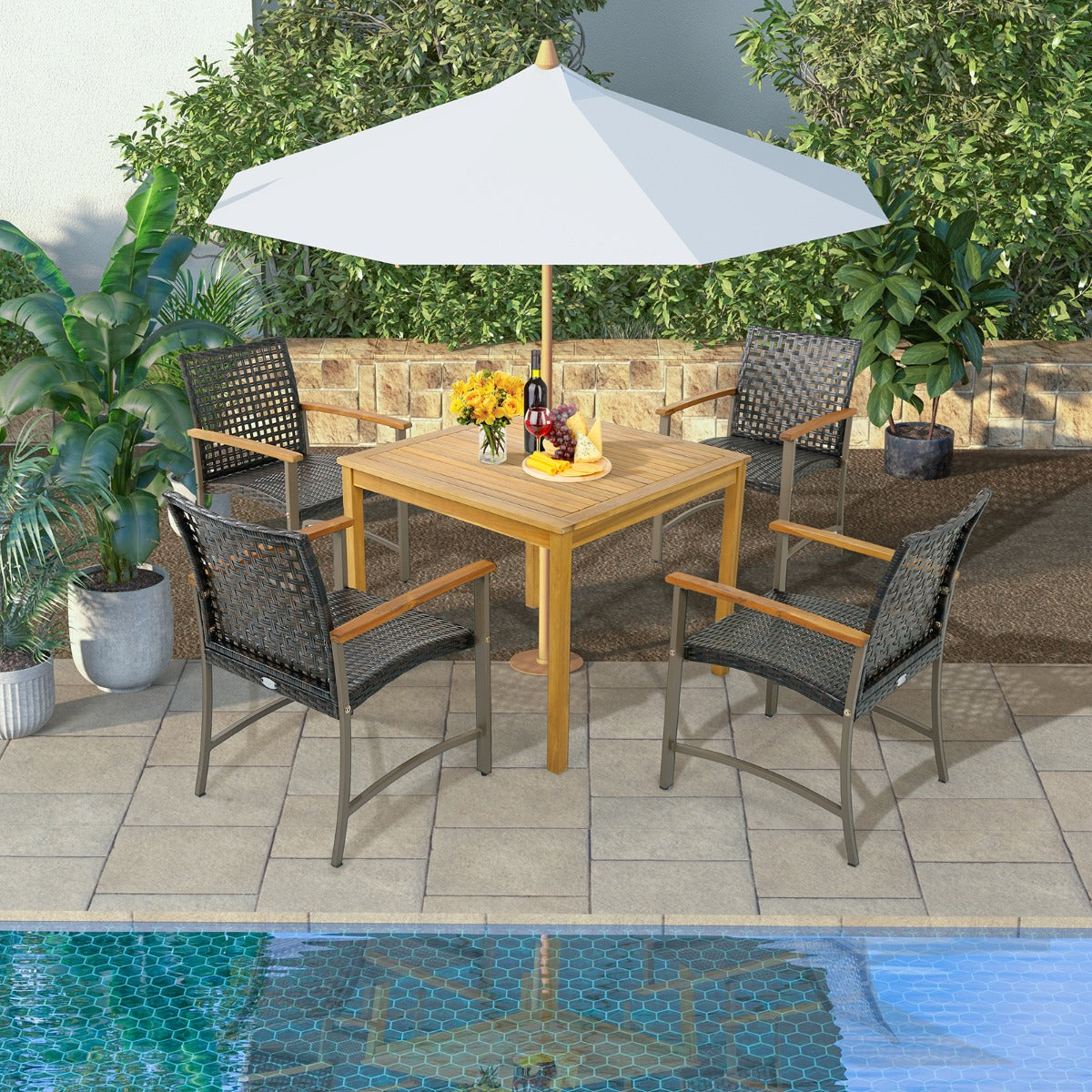 LIVSK Rotan Terrasstoelen Set van 4 - Ergonomisch Design - Robuust Metaal - Ademend - Tot 180 kg - 64 x 65 x 88 cm - Bruin