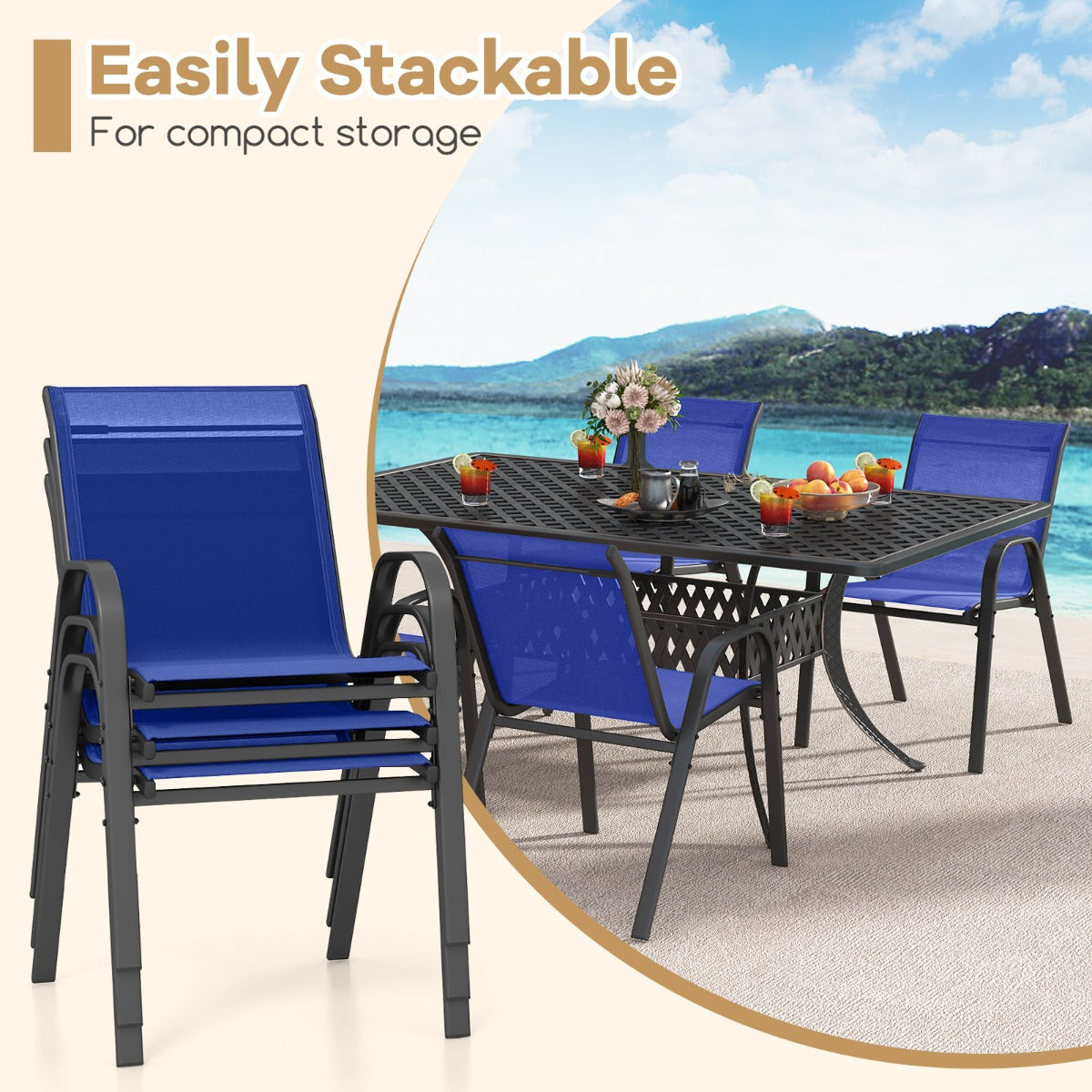 LIVSK Set van 4 Ergonomische Terrasstoelen - Ademend en Duurzaam - Metalen Frame - Stapelbaar - Tot 150 kg - Blauw