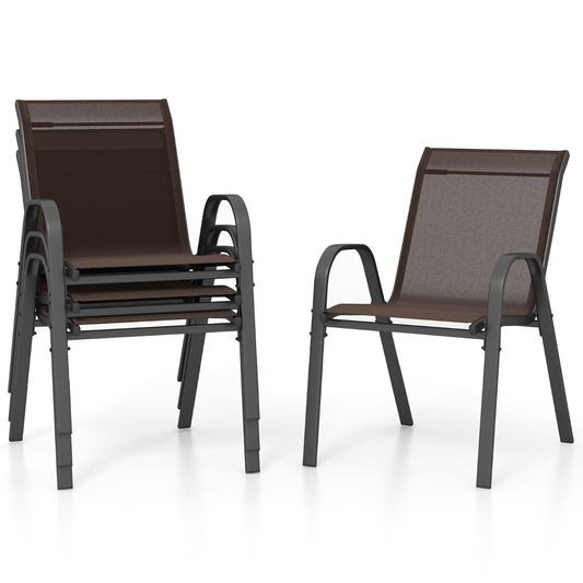 LIVSK Set van 4 Terrasstoelen - Ergonomische Rugleuning - Ademend en Scheurvast - Stabiel Metalen Frame - Tot 150 kg - Bruin