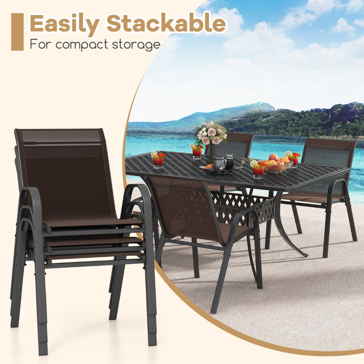 LIVSK Set van 4 Terrasstoelen - Ergonomische Rugleuning - Ademend en Scheurvast - Stabiel Metalen Frame - Tot 150 kg - Bruin