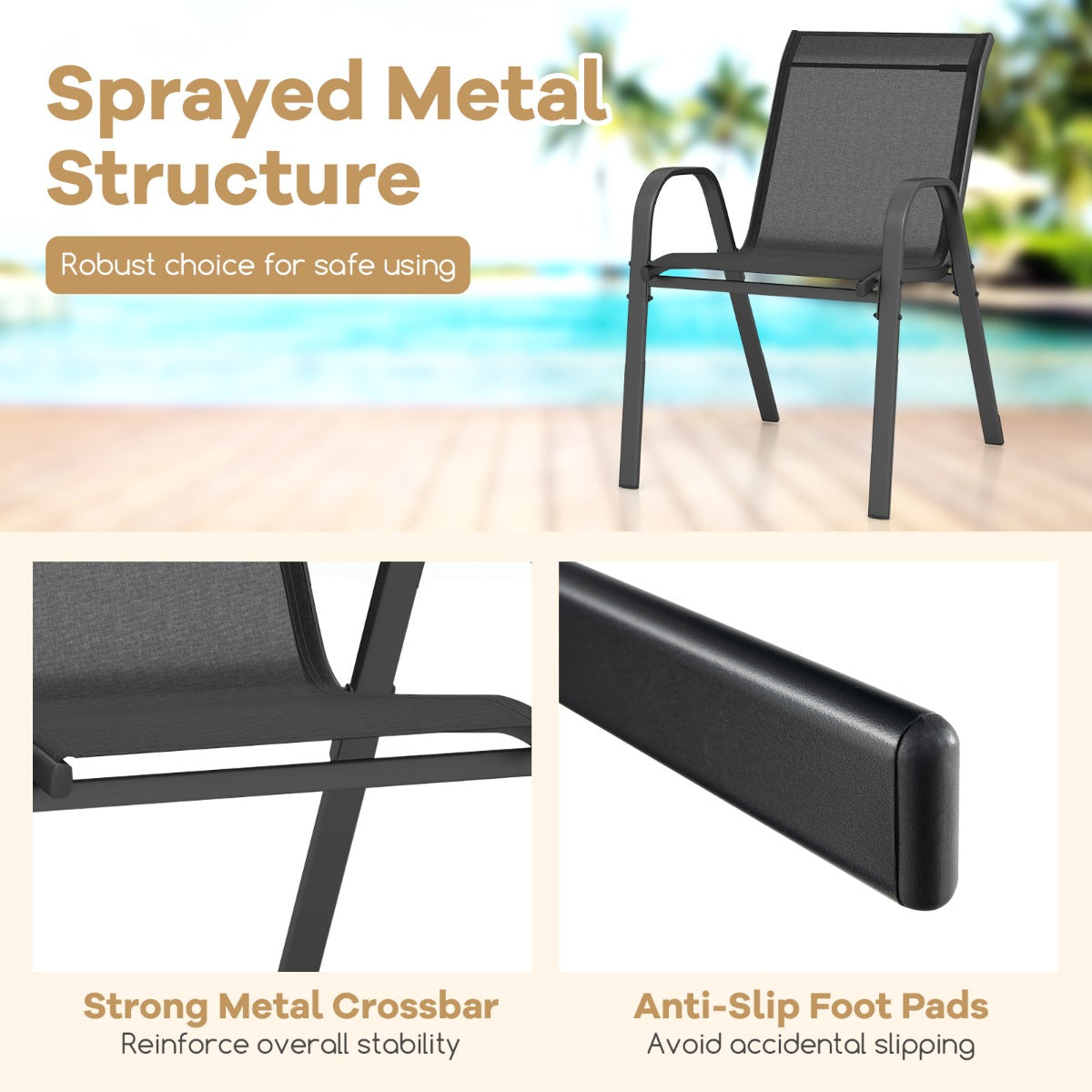 LIVSK Terrasstoelenset van 4 - Ergonomische Rugleuning - Ademend en Sneldrogend - Stevig Metalen Frame - Tot 150 kg - Zwart