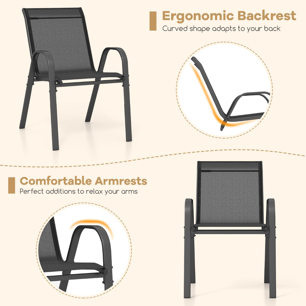 LIVSK Terrasstoelenset van 4 - Ergonomische Rugleuning - Ademend en Sneldrogend - Stevig Metalen Frame - Tot 150 kg - Zwart