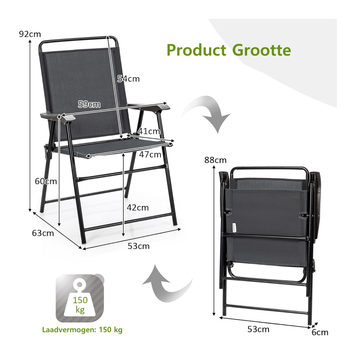 LIVSK Opvouwbare Tuinstoelen Set - Robuust Metalen Frame - Ademend - Antislip - Tot 150 kg - Grijs