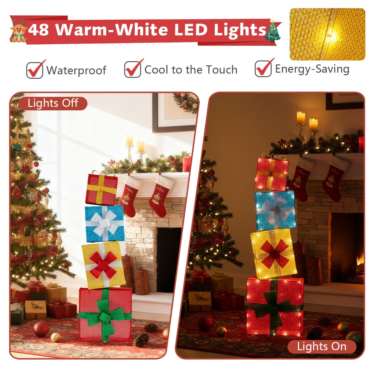 LIVSK Verlichte Geschenkdozen Set van 4 - Warmwitte LED's - Glinsterende Stof - Eenvoudige Installatie - Multicolor