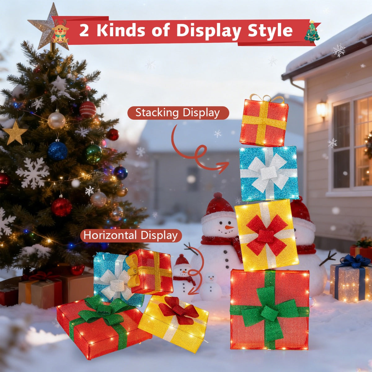 LIVSK Verlichte Geschenkdozen Set van 4 - Warmwitte LED's - Glinsterende Stof - Eenvoudige Installatie - Multicolor