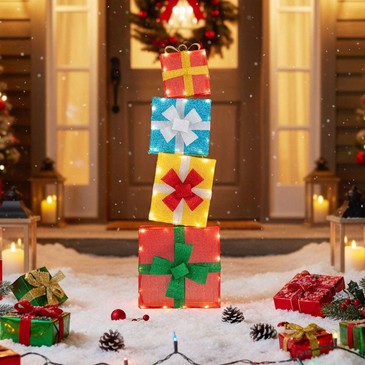 LIVSK Verlichte Geschenkdozen Set van 4 - Warmwitte LED's - Glinsterende Stof - Eenvoudige Installatie - Multicolor