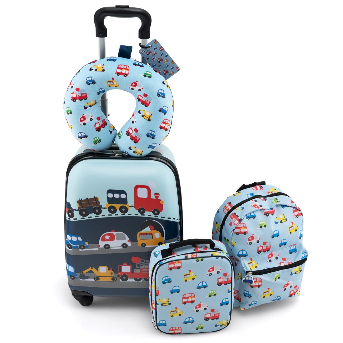 LIVSK Kinderbagageset - 16" Koffer, 13" Rugzak, Lunchtas, Nekkussen, Label - Waterdicht - 4 Wielen - Roze/Blauw