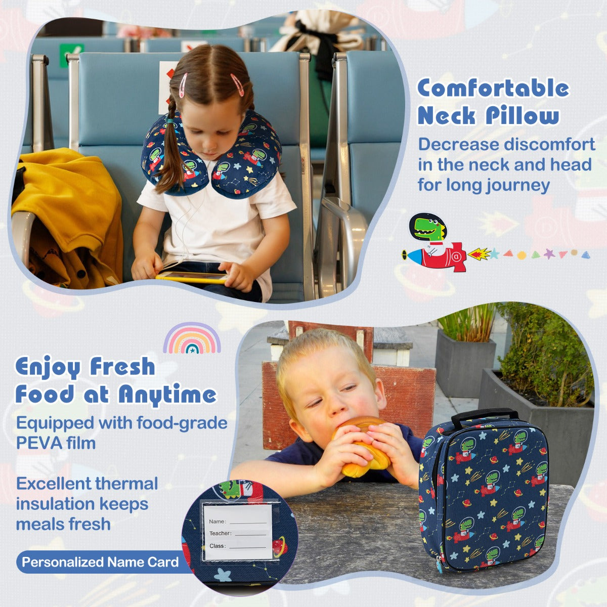 LIVSK Kinderbagageset - Inclusief Koffer, Rugzak, Lunchtas, Nekkussen en Label - Duurzaam en Waterdicht - Roze / Blauw