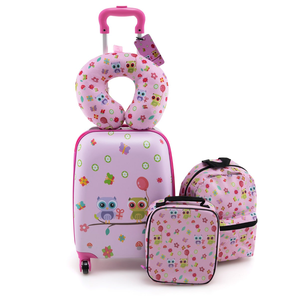 LIVSK Set van 5 Kinderkoffers - Inclusief Rugzak, Lunchtas en Nekkussen - Waterdicht en Slijtvast - Ideaal voor Reizen - Roze