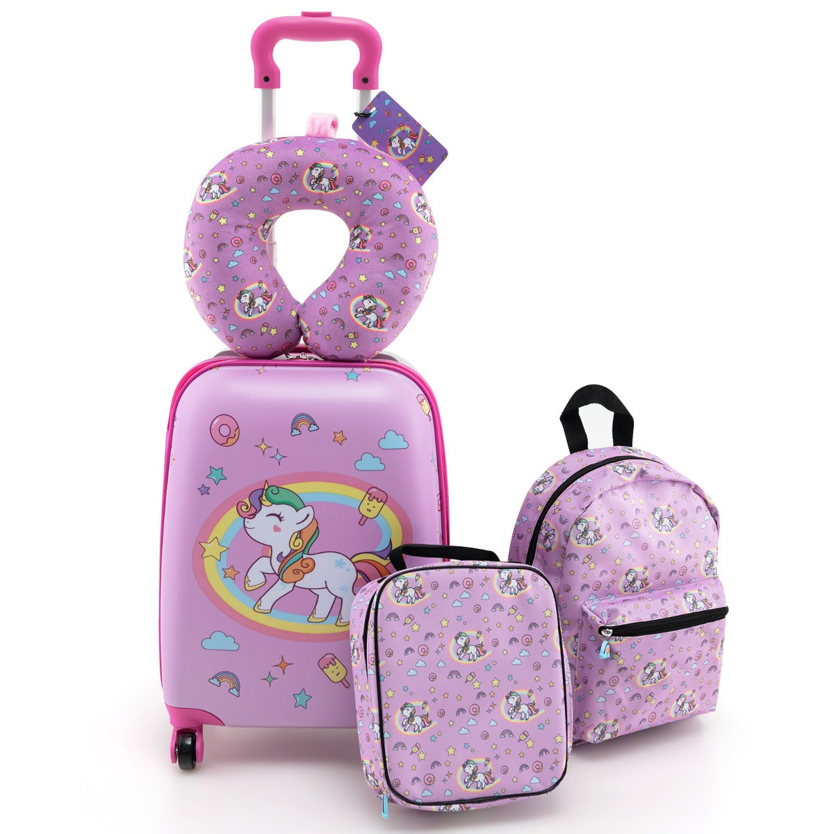 LIVSK Kinderbagageset - 5-delig met Koffer, Rugzak, Lunchtas, Nekkussen en Label - Duurzaam en Waterdicht - Roze