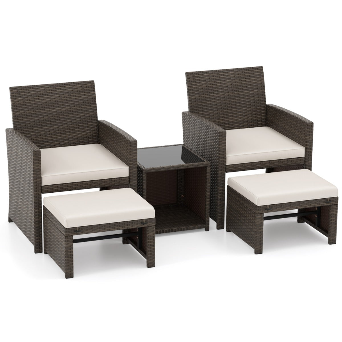 LIVSK 5-delige PE Rotan Tuinmeubelset - 2 Stoelen, 2 Voetenbanken, Salontafel - Weerbestendig - Comfortabele Kussens - Mengsel