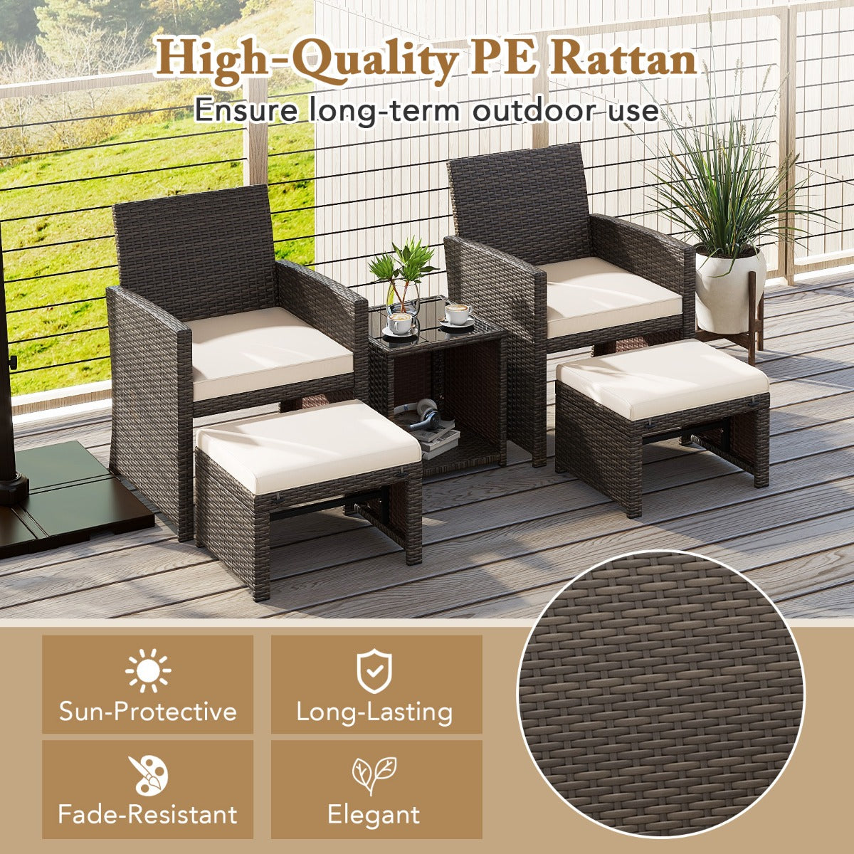 LIVSK 5-delige PE Rotan Tuinmeubelset - 2 Stoelen, 2 Voetenbanken, Salontafel - Weerbestendig - Comfortabele Kussens - Mengsel