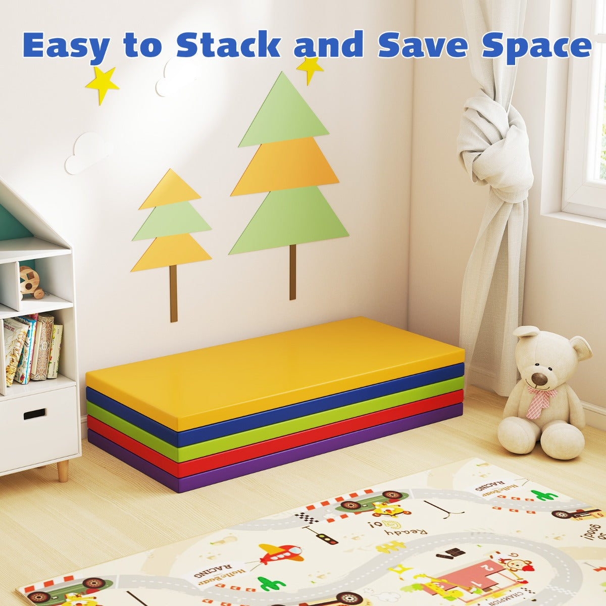 Livsk costway set van 5 rustmatten voor kinderen dikke schuimmatras voor op de grond draagbare slaapmatten in regenboogkleuren van kunstleer 6