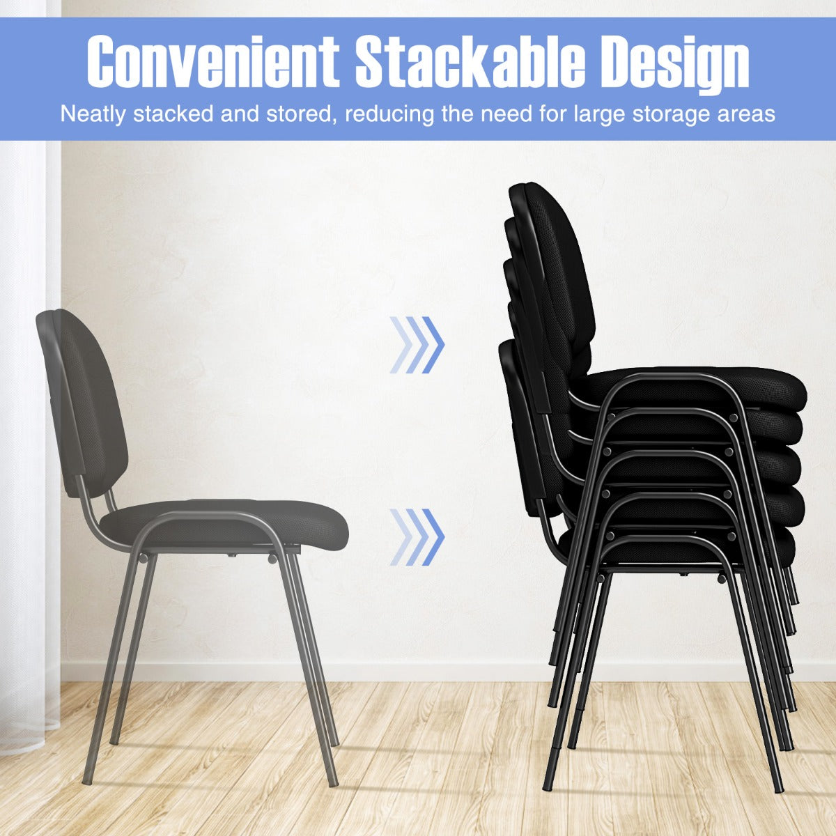LIVSK Wachtkamerstoelen - Stapelbare Set van 5 - Ergonomische Ondersteuning - Luxe Bekleding - Draagvermogen tot 150 kg - Zwart