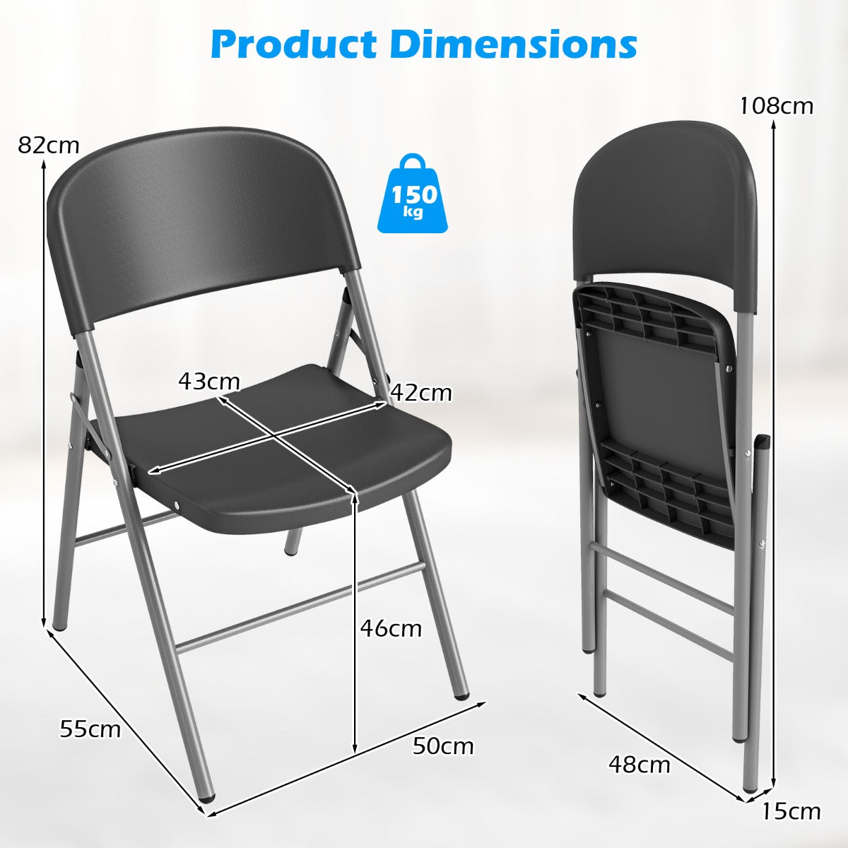 Livsk costway set van 6 kunststof klapstoelen opvouwbare balkonstoelen met rugleuning en stevig metalen frame grijs 1