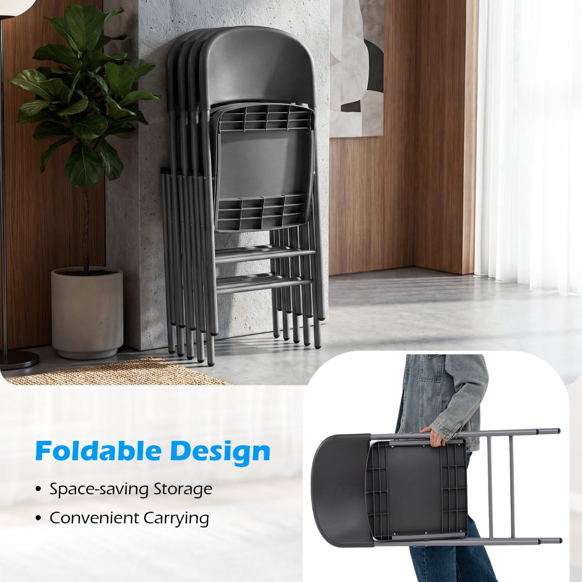 Livsk costway set van 6 kunststof klapstoelen opvouwbare balkonstoelen met rugleuning en stevig metalen frame grijs