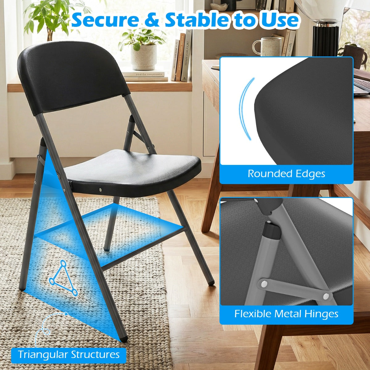 Livsk costway set van 6 kunststof klapstoelen opvouwbare balkonstoelen met rugleuning en stevig metalen frame grijs