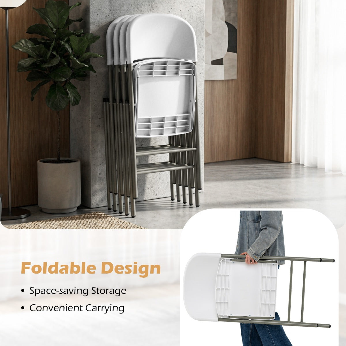 Livsk costway set van 6 kunststof klapstoelen opvouwbare balkonstoelen met rugleuning en stevig metalen frame wit