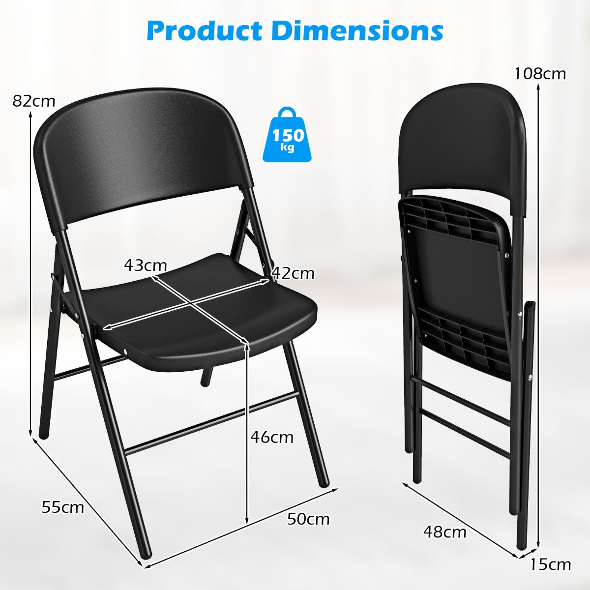 Livsk costway set van 6 kunststof klapstoelen opvouwbare balkonstoelen met rugleuning en stevig metalen frame zwart 1