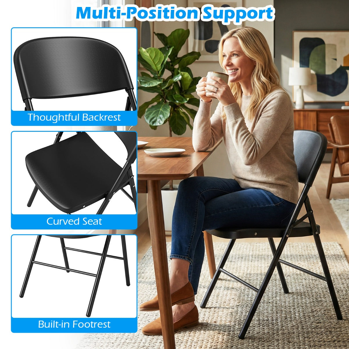 Livsk costway set van 6 kunststof klapstoelen opvouwbare balkonstoelen met rugleuning en stevig metalen frame zwart