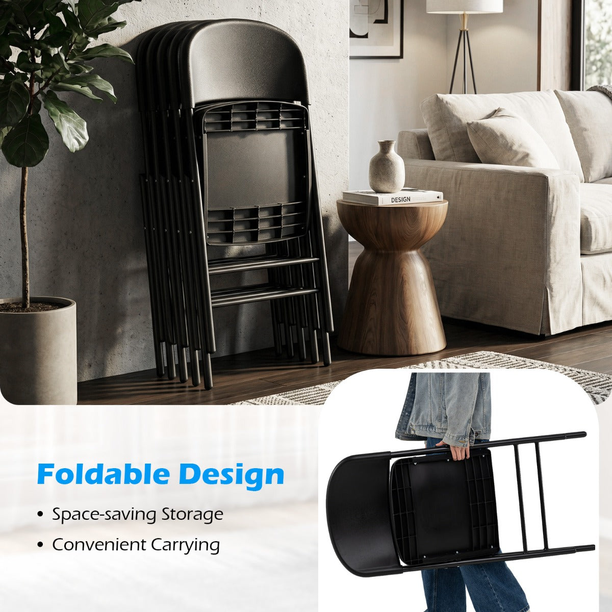 Livsk costway set van 6 kunststof klapstoelen opvouwbare balkonstoelen met rugleuning en stevig metalen frame zwart
