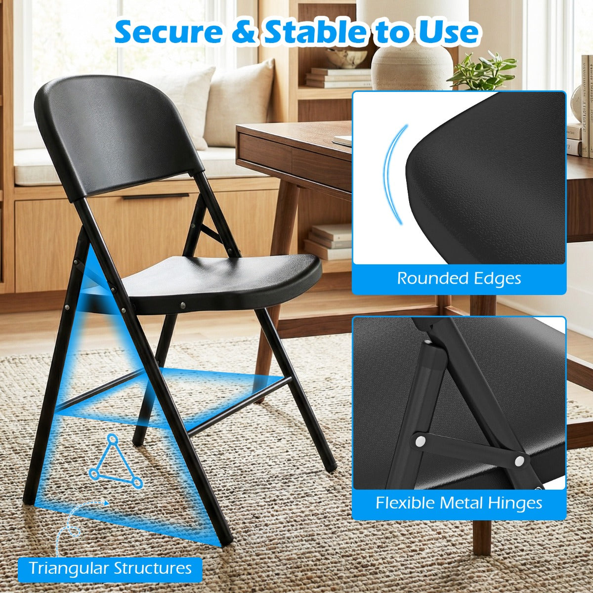 Livsk costway set van 6 kunststof klapstoelen opvouwbare balkonstoelen met rugleuning en stevig metalen frame zwart