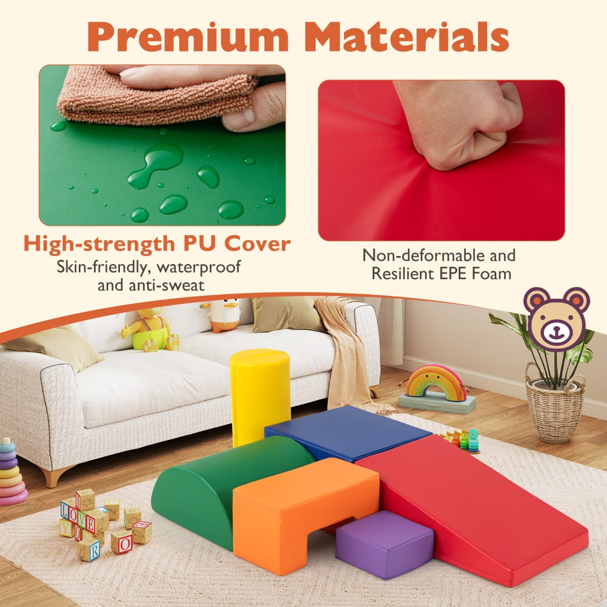Livsk costway set van 6 pcs van schuim klimblokken voor kinderen voor binnen klimmen en exploratie activiteiten pu hoes kleurrijk 2