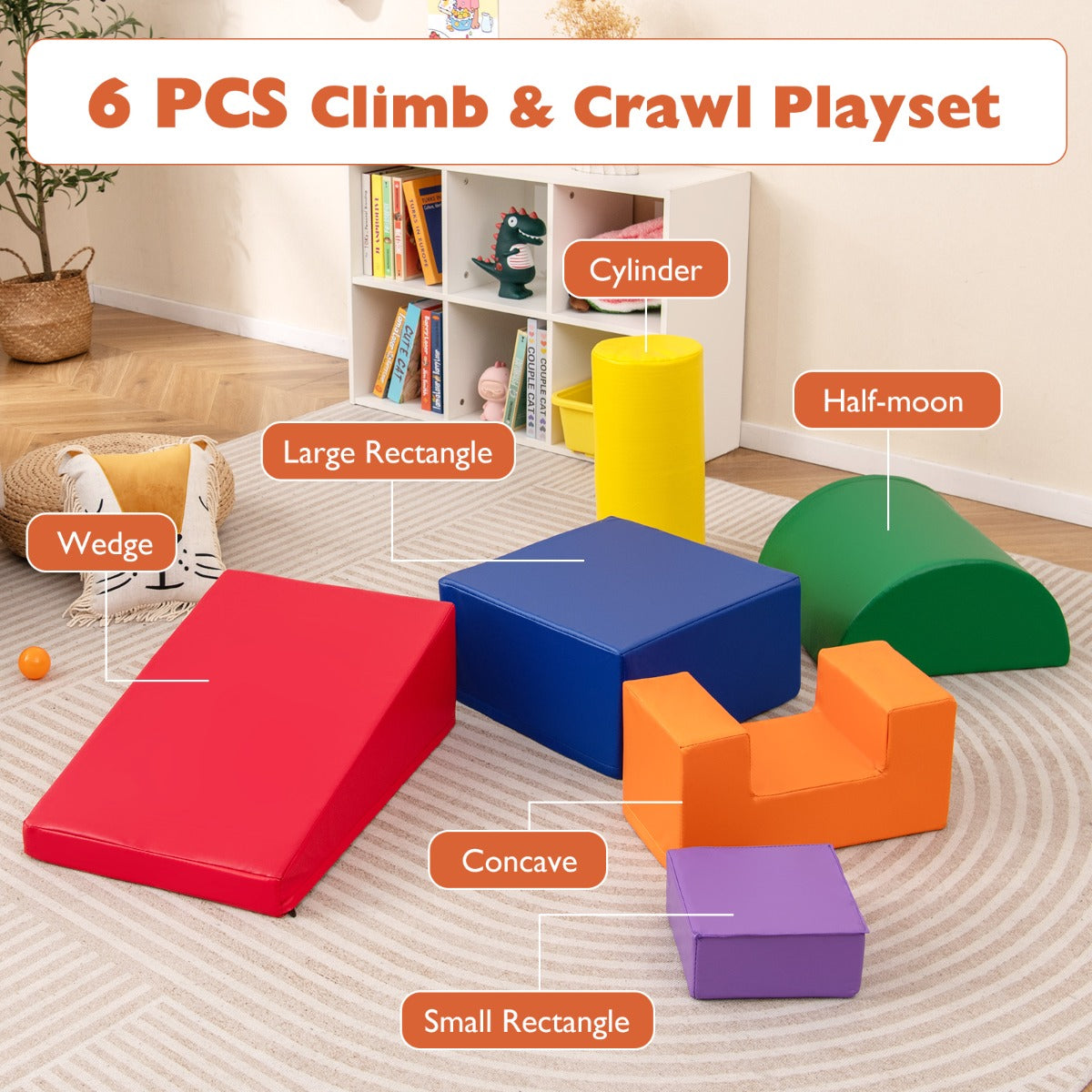 Livsk costway set van 6 pcs van schuim klimblokken voor kinderen voor binnen klimmen en exploratie activiteiten pu hoes kleurrijk 4
