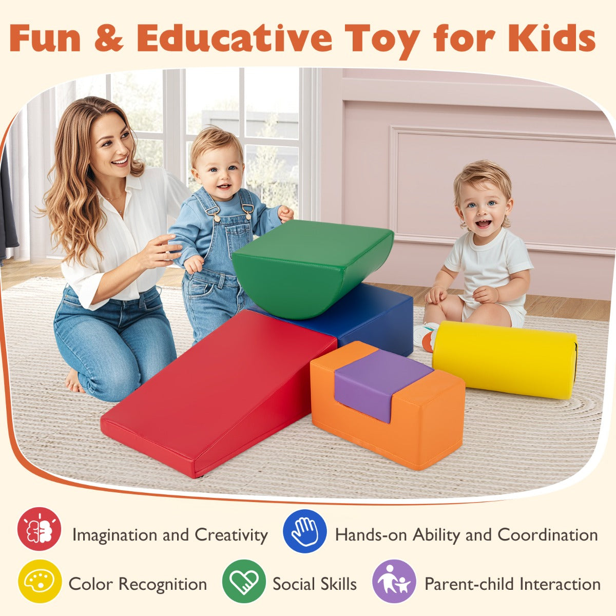 Livsk costway set van 6 pcs van schuim klimblokken voor kinderen voor binnen klimmen en exploratie activiteiten pu hoes kleurrijk 5