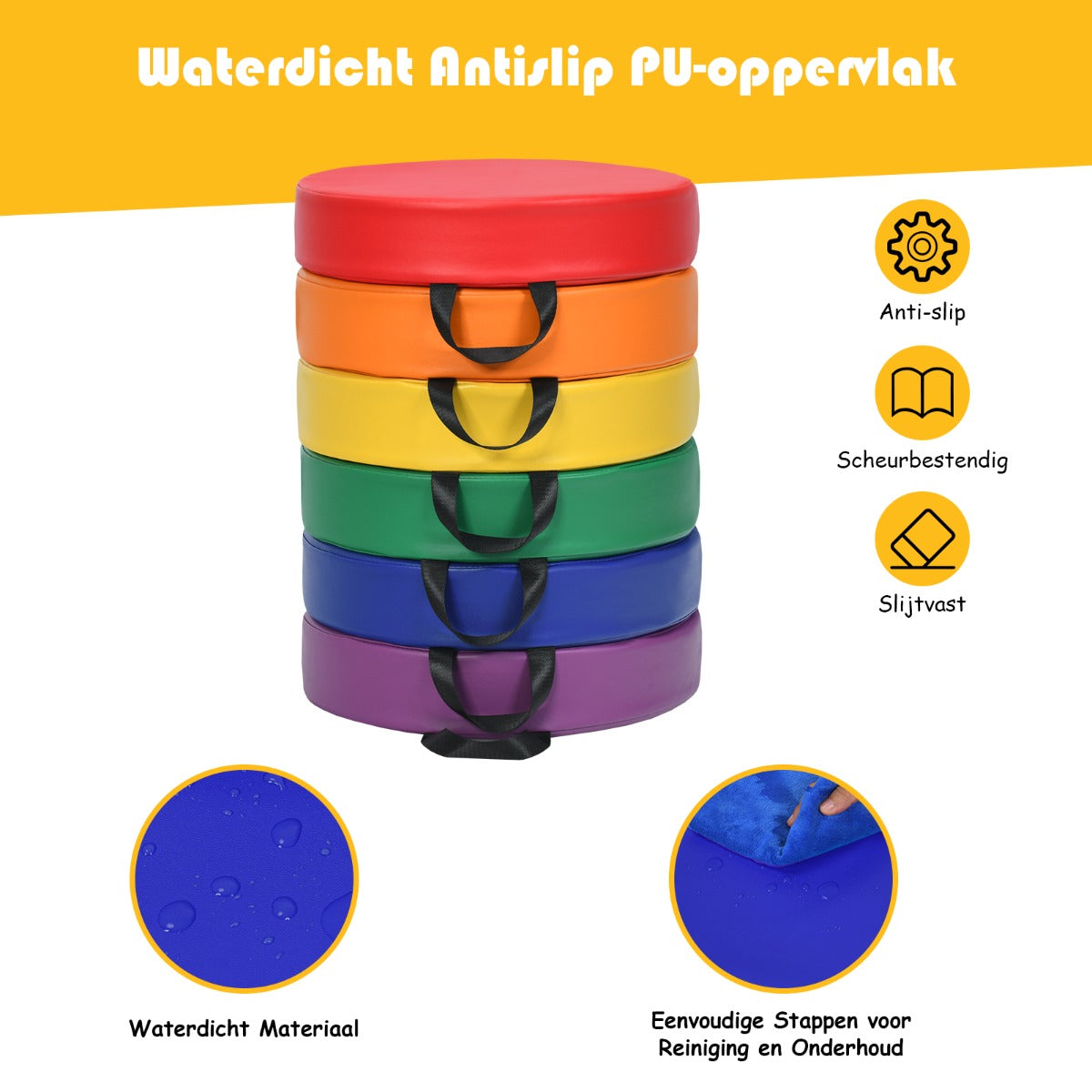 LIVSK Set van 6 Meerkleurige Schuimrubberen Vloerkussens - Waterdicht en Slijtvast - Ergonomische Handgreep - 38 cm - Meerkleurig