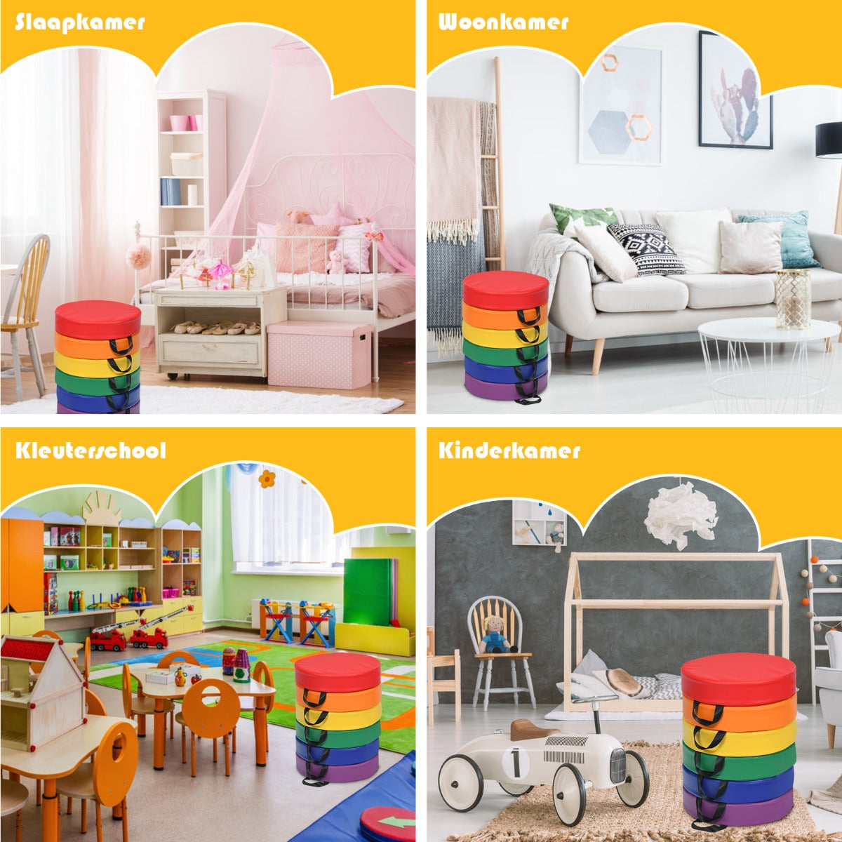LIVSK Set van 6 Meerkleurige Schuimrubberen Vloerkussens - Waterdicht en Slijtvast - Ergonomische Handgreep - 38 cm - Meerkleurig