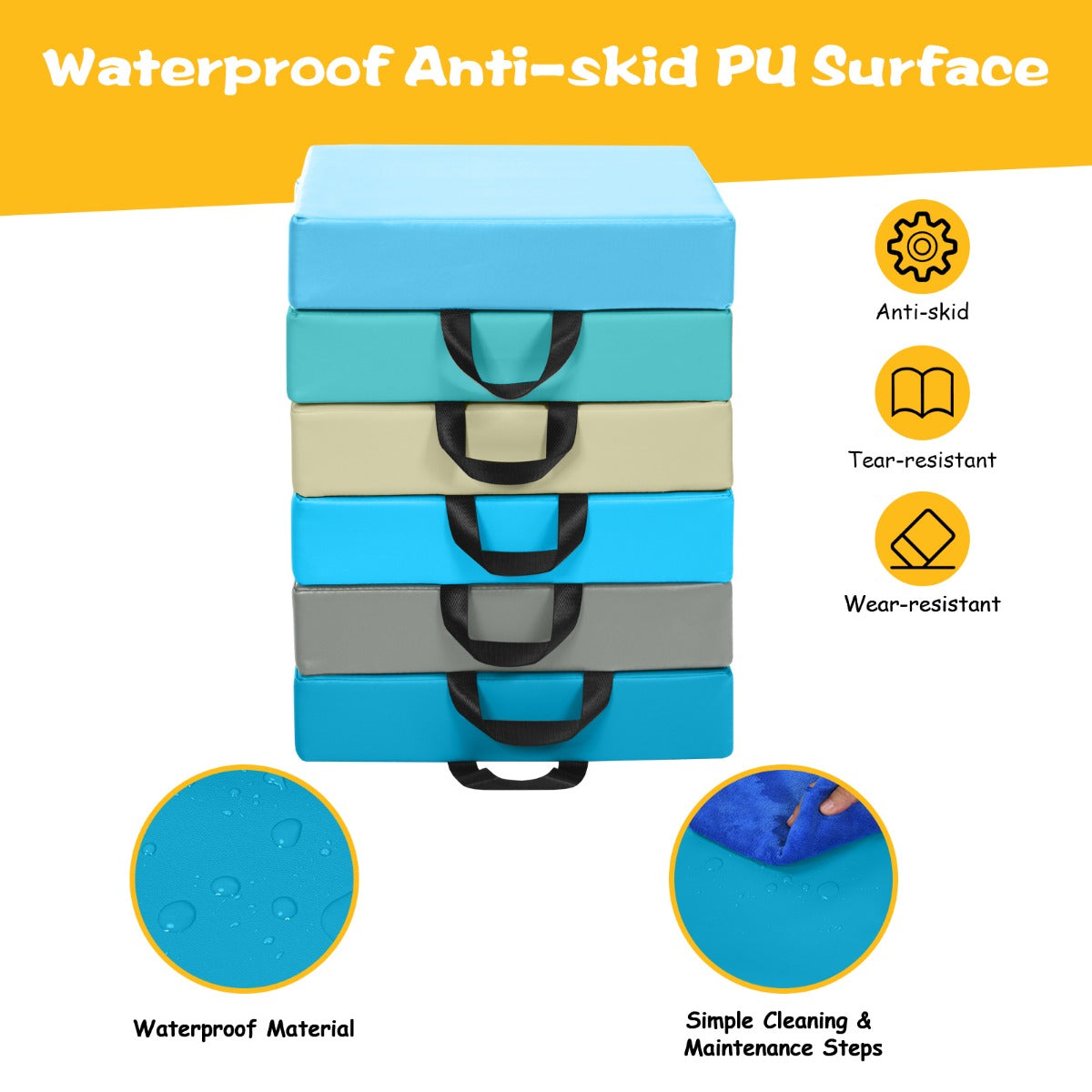 LIVSK Vloerkussens Set van 6 - Niet-giftig PU - Waterafstotend en Slijtvaste Oppervlak - Ergonomische Handgreep - 38 x 38 x 8 cm