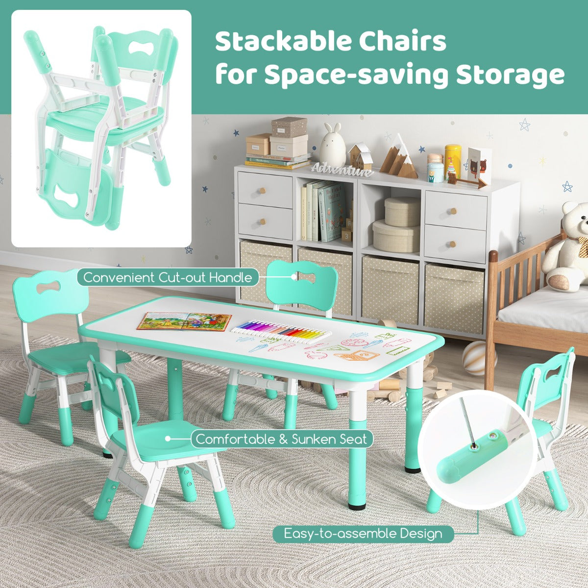 LIVSK Kindertafel en Stoelen Set - Verstelbaar met Graffiti Bord - Ergonomisch en Stapelbaar - Voor Kinderen -