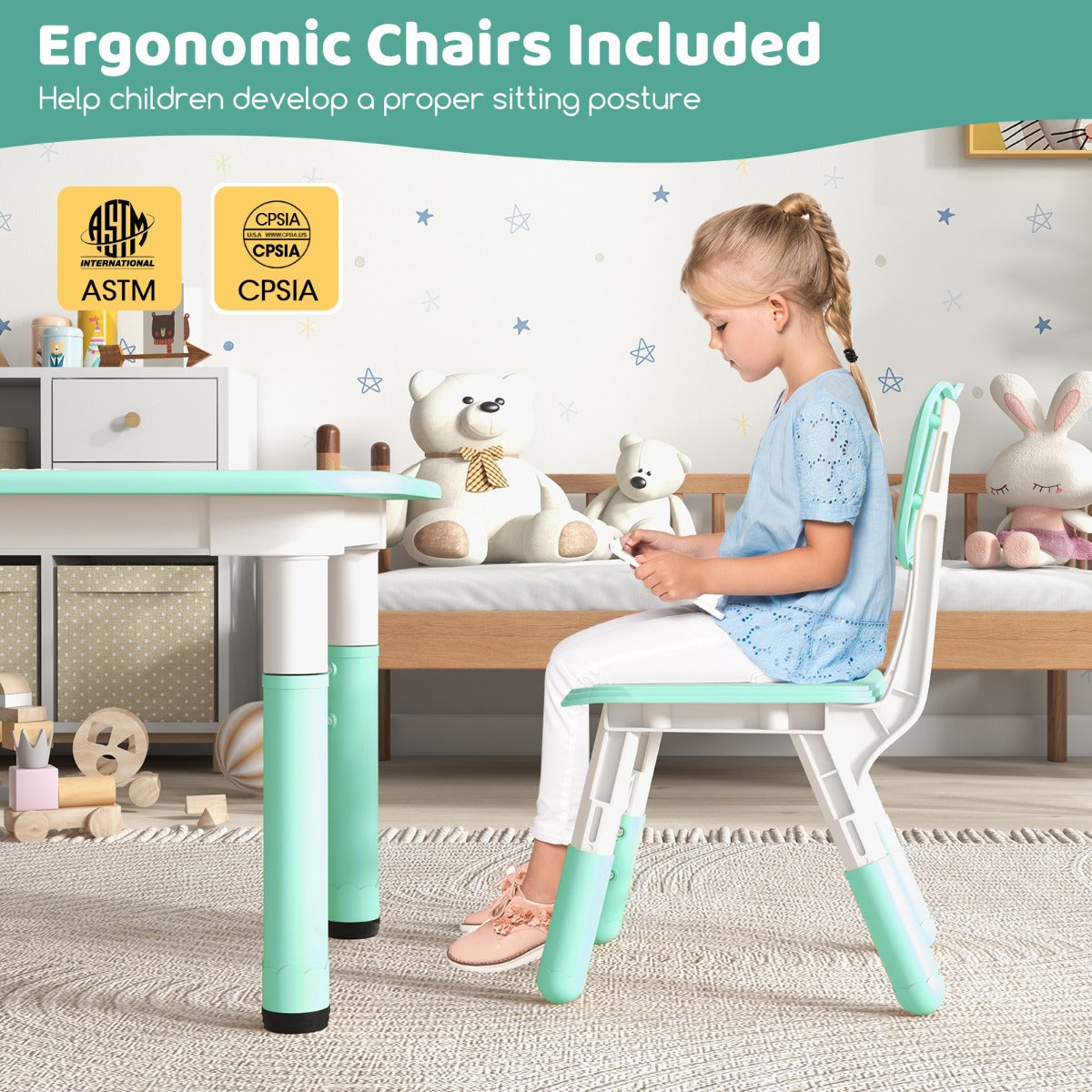 LIVSK Kindertafel en Stoelen Set - Verstelbaar met Graffiti Bord - Ergonomisch en Stapelbaar - Voor Kinderen -
