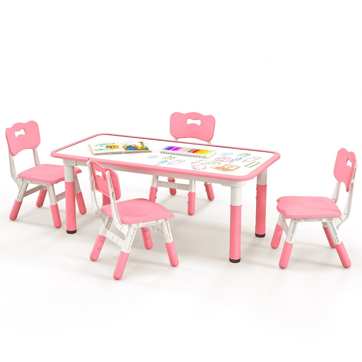 LIVSK Multifunctionele Kindertafel en Stoelset - Verstelbaar met 7 Hoogteniveaus - Ergonomische Stoelen - Graffiti Bord - Groen