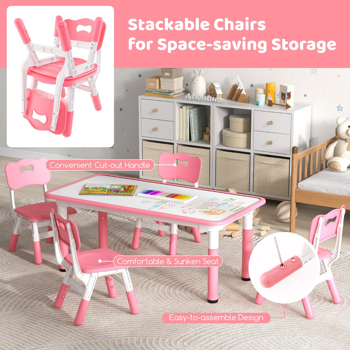 LIVSK Multifunctionele Kindertafel en Stoelset - Verstelbaar met 7 Hoogteniveaus - Ergonomische Stoelen - Graffiti Bord - Groen