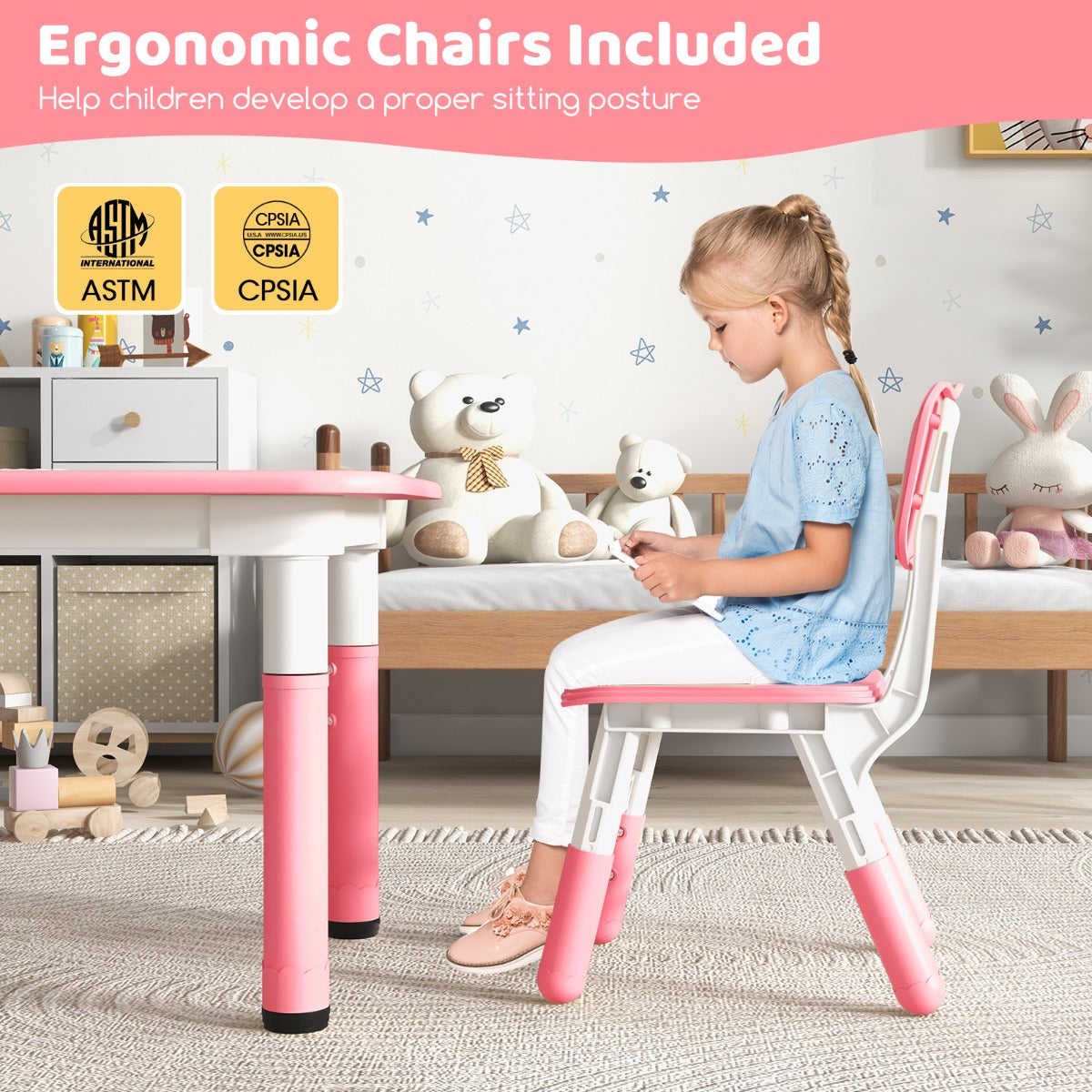 LIVSK Multifunctionele Kindertafel en Stoelset - Verstelbaar met 7 Hoogteniveaus - Ergonomische Stoelen - Graffiti Bord - Groen
