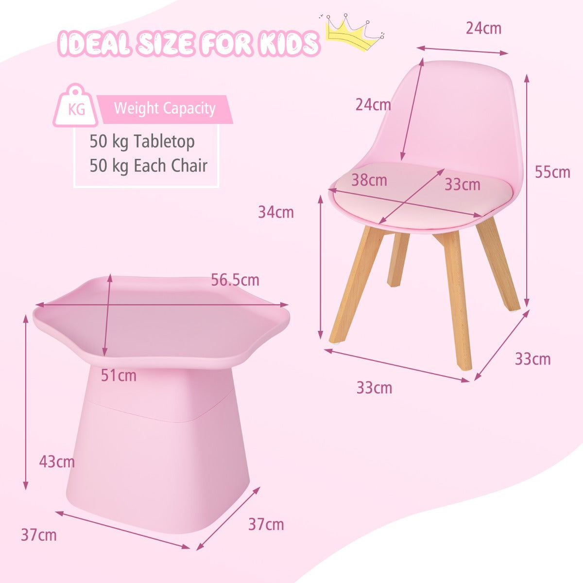 LIVSK Bloemvormige Kindertafel en Stoelenset - Ergonomische Stoelen - Hol Dienblad - Duurzaam Beukenhout - Voor 3-8 jaar - Roze