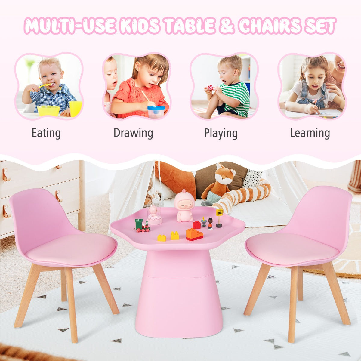 LIVSK Bloemvormige Kindertafel en Stoelenset - Ergonomische Stoelen - Hol Dienblad - Duurzaam Beukenhout - Voor 3-8 jaar - Roze
