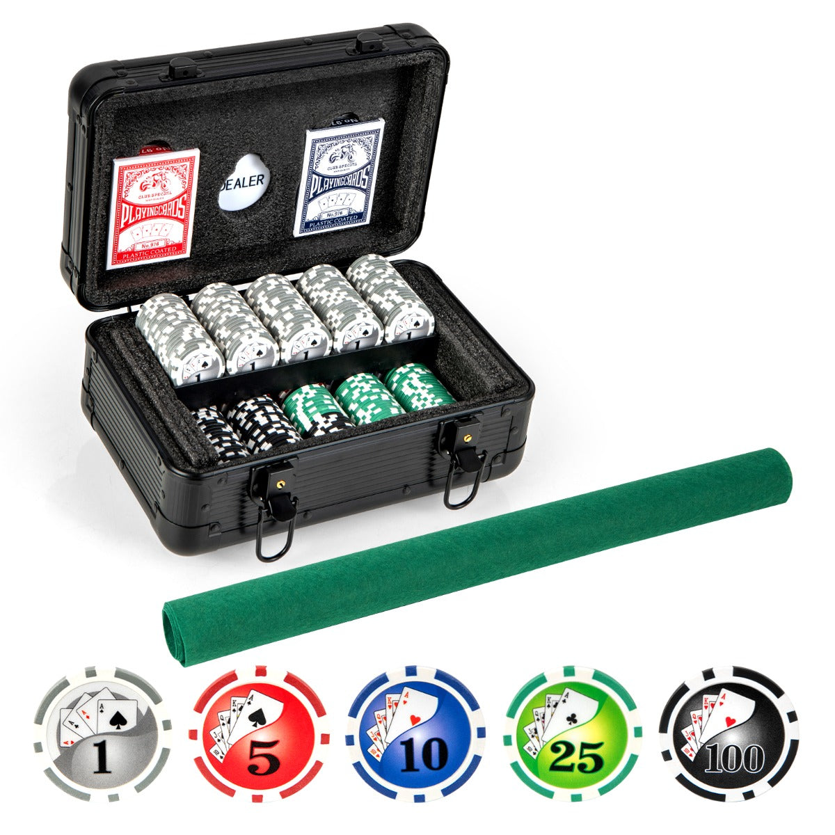 LIVSK Pokerset - 300 Fiches in 5 Kleuren - 2 Kaartspellen - Dealerfiche - Draagbare Koffer - Zwart
