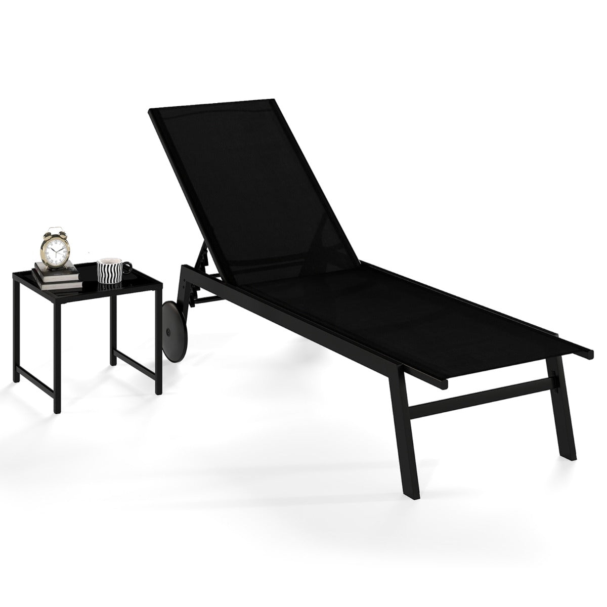 Livsk costway set van twee ademende terrasligstoelen met bijzettafel van gehard glas zwart