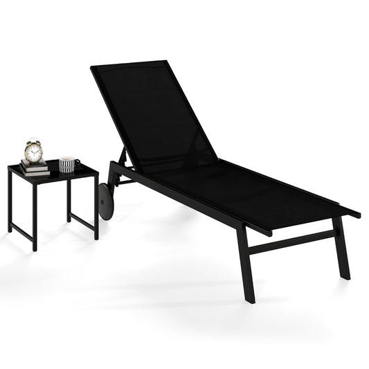 Livsk costway set van twee ademende terrasligstoelen met bijzettafel van gehard glas zwart