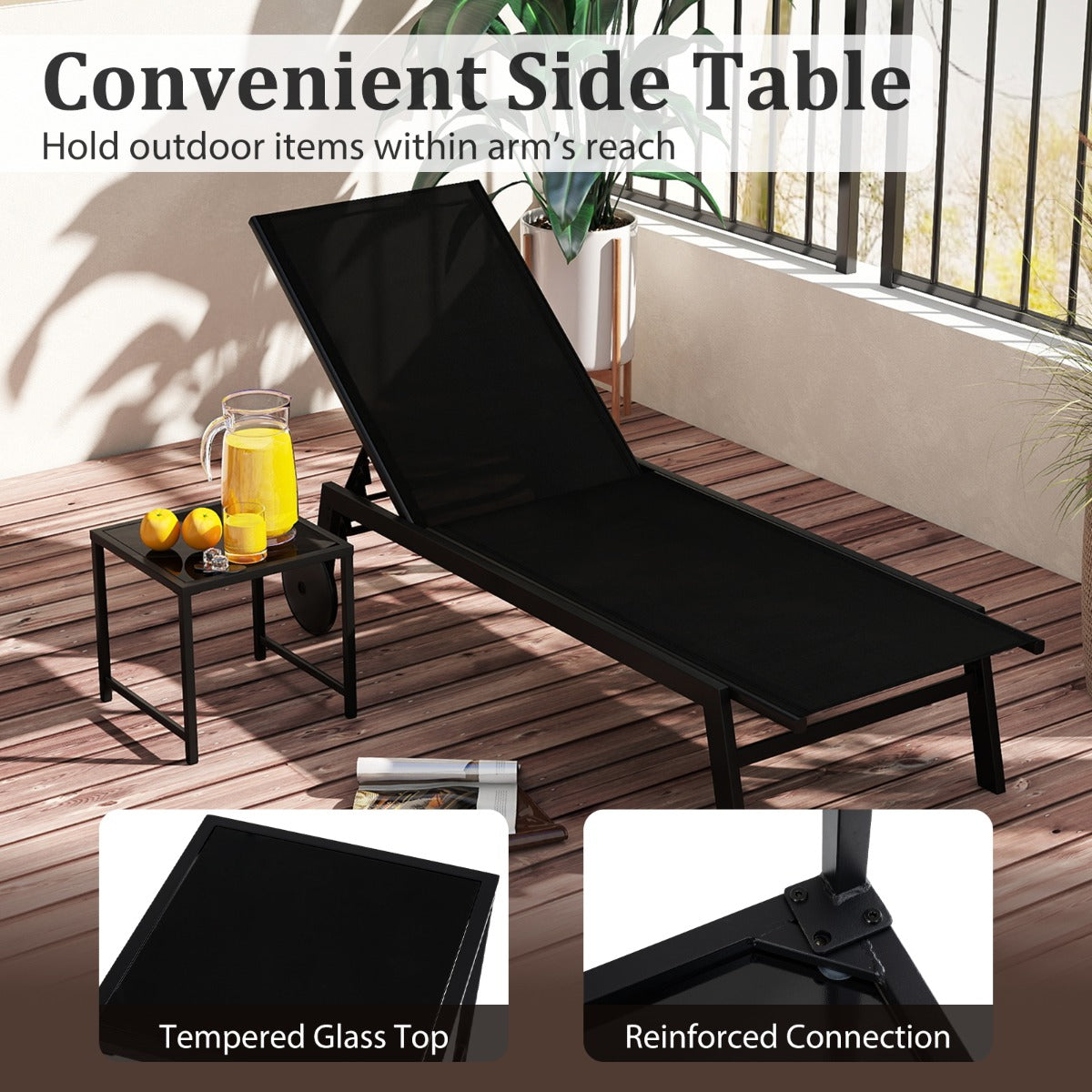 Livsk costway set van twee ademende terrasligstoelen met bijzettafel van gehard glas zwart 5